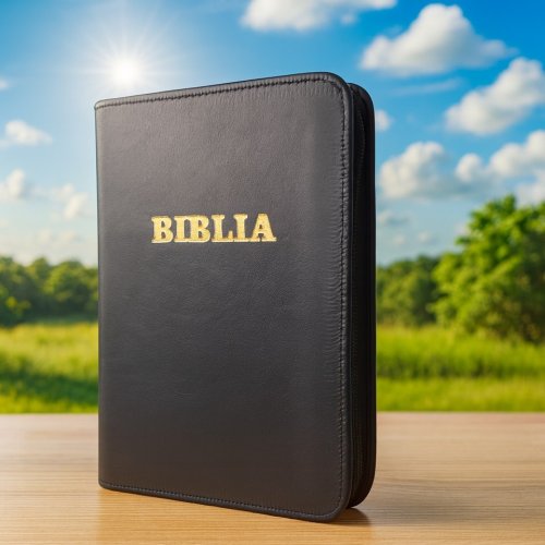 Biblie din piele, marime medie, neagra, fermoar, index, margini aurii, cuv. lui Isus cu rosu [057 PFI]