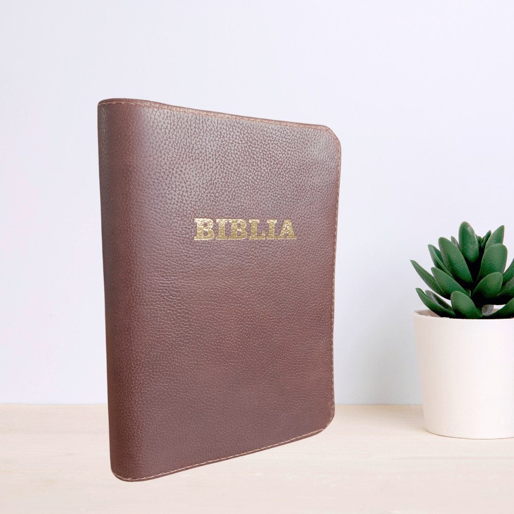 Biblie din piele, marime medie, culoare maro închis, fermoar, index, margini aurii, cuv. lui Isus cu rosu [SB 057 PFI]