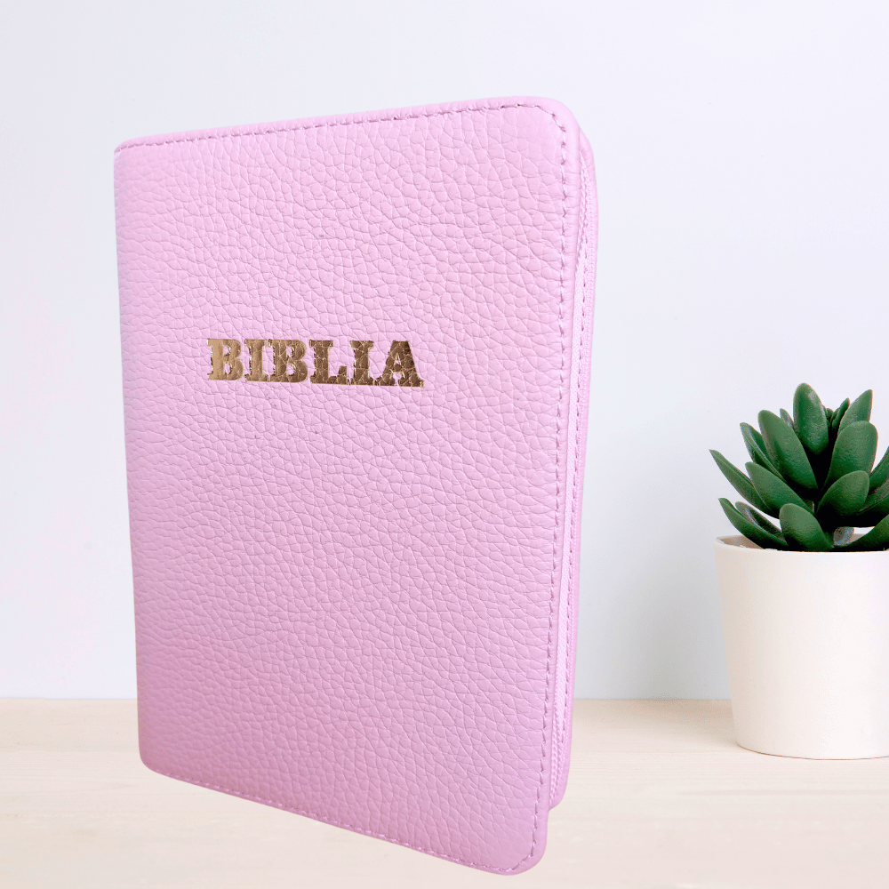 Biblie din piele, marime medie, culoare roz, fermoar, index, margini aurii, cuv. lui Isus cu rosu [SB 057 PFI]