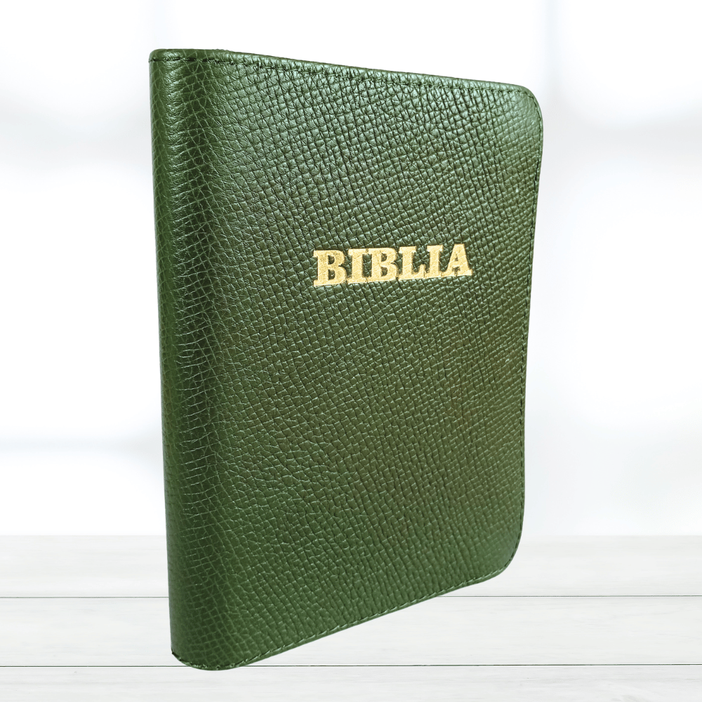 Biblie din piele, marime medie, culoare verde oliv, fermoar, index, margini aurii, cuv. lui Isus cu rosu [SB 057 PFI]