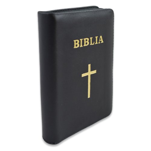 Biblie din piele, marime medie, culoare neagra, index, margini aurii,fermoar simbol cruce, cuv. lui Isus cu rosu [SB 057 PFI]