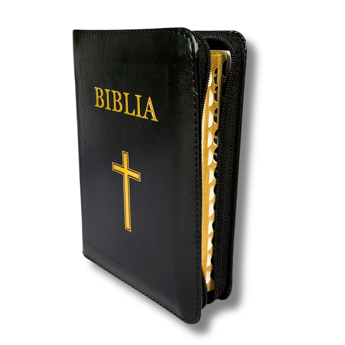 Biblie marime mica, din piele ecologica, culoare neagra, fermoar, index, margini aurii, cuv. Isus rosu [SI 046 ZTI]