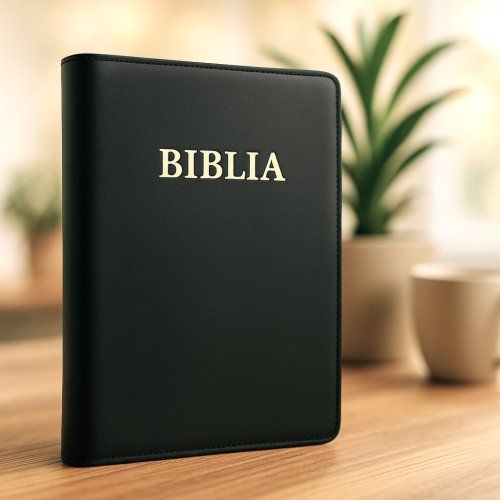 Biblia marime medie, din piele, neagra, fermoar, cuv. lui Isus cu rosu [063 PF]