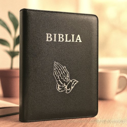 Biblia marime medie, din piele, neagra, fermoar, simbol maini in ruga, cuv. lui Isus cu rosu [063 PF]