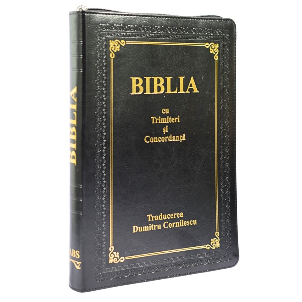 Biblia cu concordanta, mare, scris foarte mare, piele, neagra, fermoar, index, margini albe, cuv. lui Isus in rosu [083 ZTI]