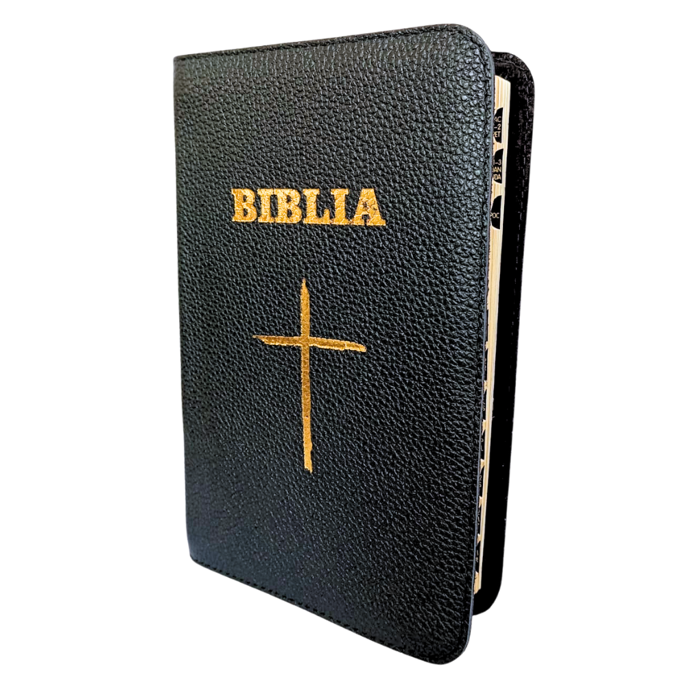 Biblia medie, piele, neagra, aurita, index, fara fermoar, cuv. lui Isus cu rosu, simbol cruce [057 PI]