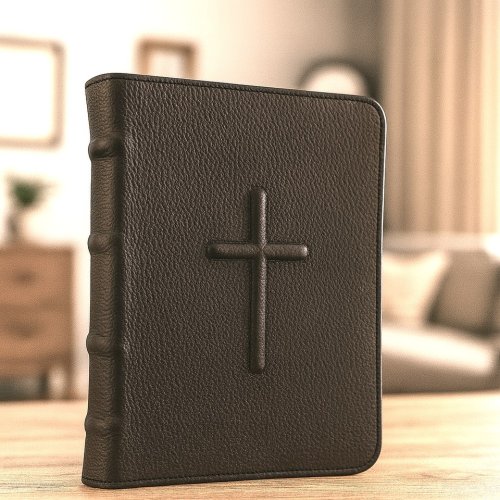 Biblie din piele handmade, marime medie, negru bizonat, simbol cruce in relief, fermoar, index, margini aurii, cuv. lui Isus cu rosu [057]