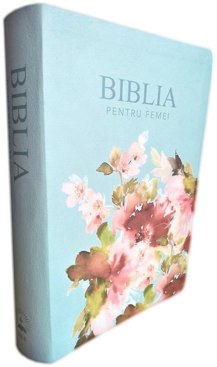 Biblia de studiu pentru femei, marime medie, culoare turcoaz, model floral, margini argintii, cuv. lui Isus cu rosu