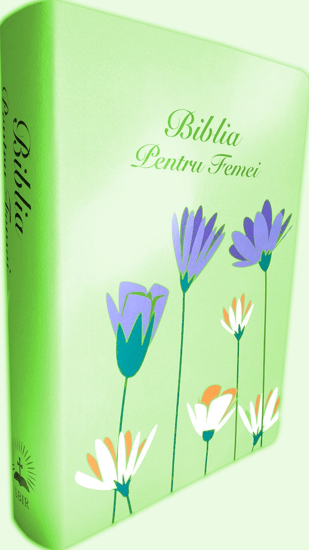 Biblia de studiu pentru femei, marime medie, culoare verde deschis, model floral, margini argintii, cuv. lui Isus cu rosu