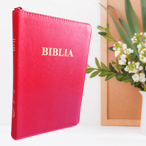 Biblia din piele, marime medie, roșu coral închis, fermoar, index pe cotor, margini aurii, cuv. lui Isus in rosu [057 ZTI]