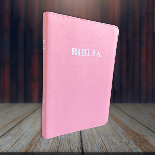 Biblia din piele, marime medie, roz coral închis, fermoar, margini aurii, cuv. lui Isus in rosu [052 ZT]