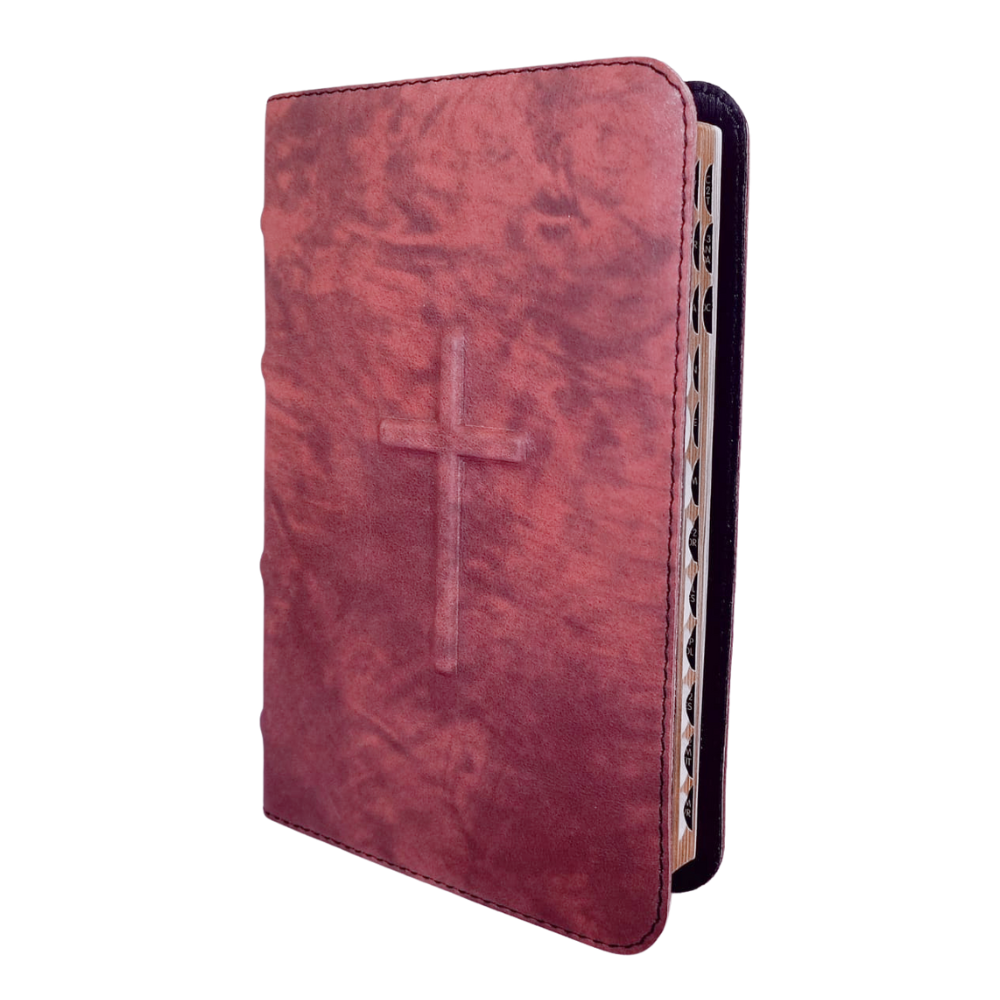 Biblia medie, piele, roz antic, aurita, index, fara fermoar, cuv. lui Isus cu rosu, simbol cruce in relief [057 PI]