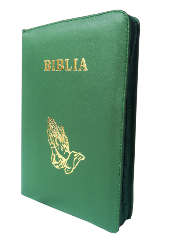 Biblie mare, piele, culoare verde, fermoar, index, margini argintii, simbol maini in ruga, cuv. Isus cu rosu [SI 073 PFI]