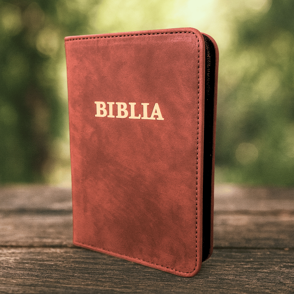 Biblie din piele, marime medie, visinie, fermoar, index, margini aurii, cuv. lui Isus cu rosu [057 PFI]