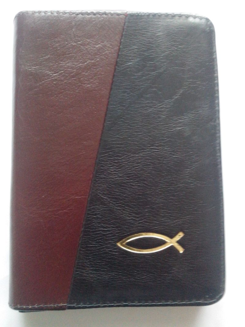 Biblia din piele, mica, visiniu/negru, fermoar, cu peste [043]