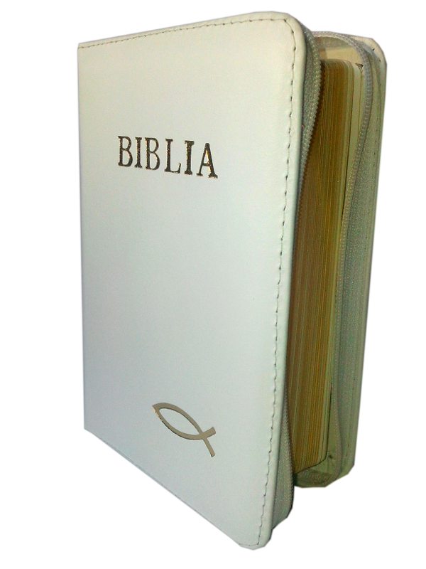 Biblie din piele, mica, alba, fermoar, cu peste, margini aurite, cuv. lui Isus in rosu [043 A]