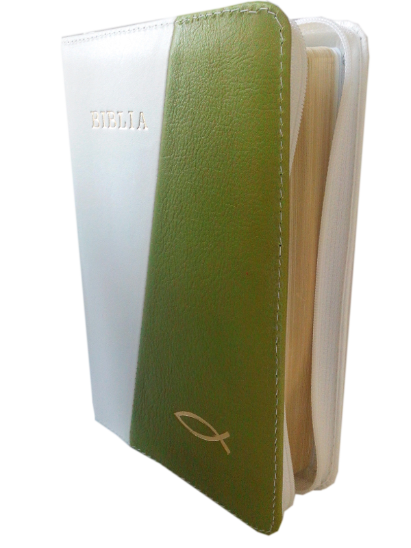 Biblia din piele, medie, alb / verde, fermoar, aurita, cu peste, cuv. lui Isus cu rosu [052]