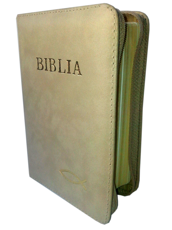 Biblie din piele, mica, bej, fermoar, aurita, cu peste, cuv. lui Isus in rosu [043 A]