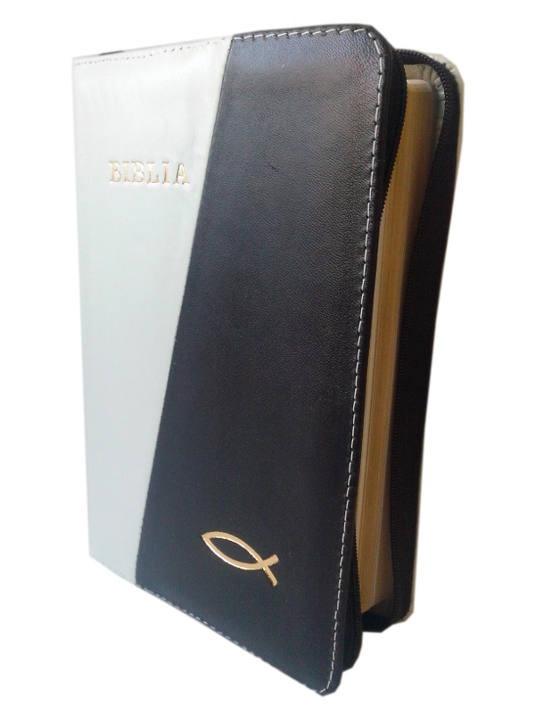 Biblia din piele, medie, gri / negru, fermoar, aurita, cu peste, cuv. lui Isus cu rosu [052]