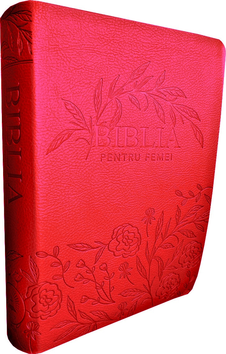 Biblia de studiu pentru femei, marime medie, culoare roz inchis, model floral, margini argintii, cuv. lui Isus cu rosu