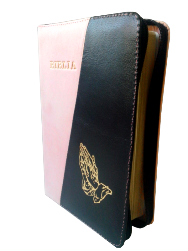 Biblia din piele, medie, roz pal / negru, fermoar, aurita, cu maini, cuv. lui Isus cu rosu [052]
