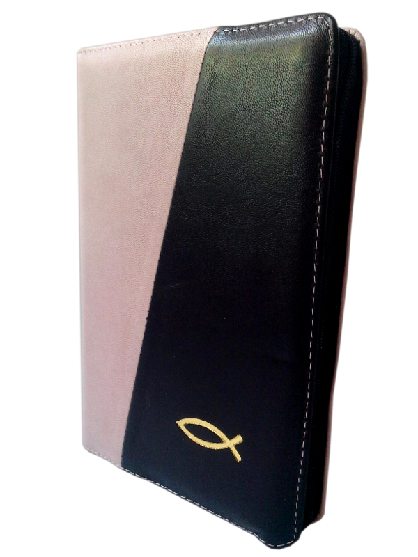 Biblia din piele, marime medie, roz / negru, fermoar, cu peste [053]