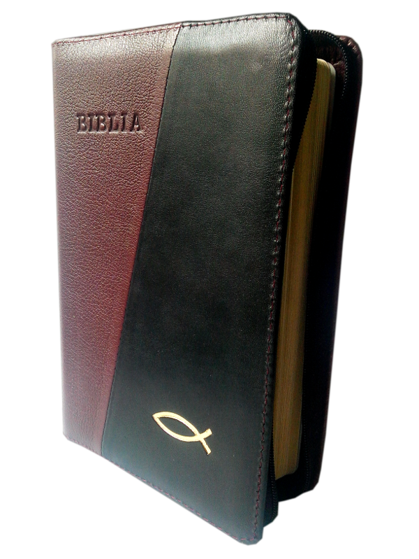 Biblia din piele, medie, visiniu / negru, fermoar, aurita, cu peste, cuv. lui Isus cu rosu  [052]