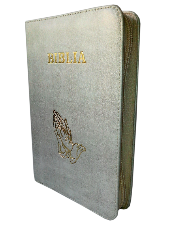 Biblia din piele, medie, gri, fermoar, aurita, cu maini, cuv. lui Isus cu rosu [052]