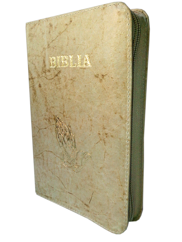 Biblia din piele, medie, textura bej, fermoar, aurita, cu maini, cuv. lui Isus cu rosu [052]