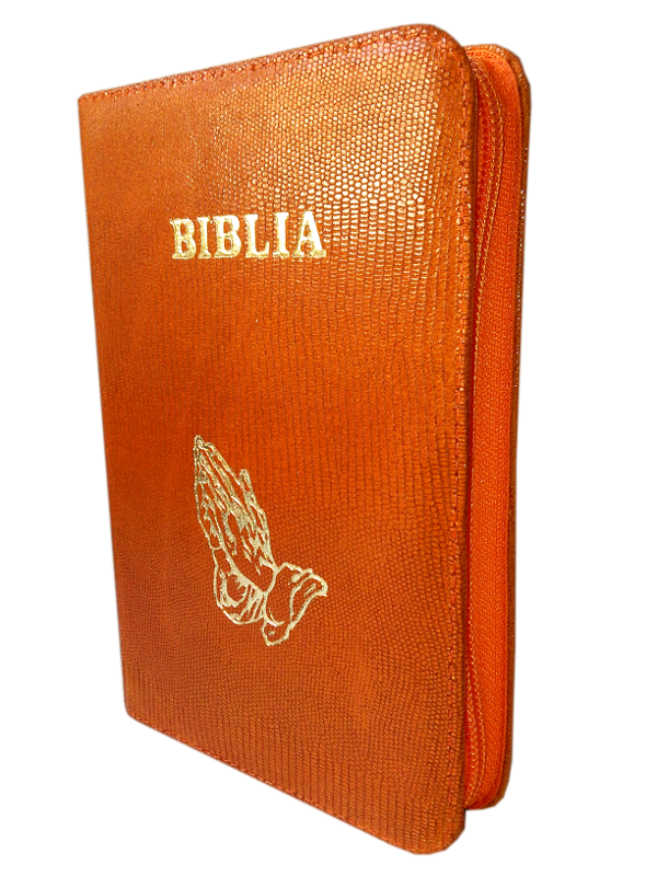 Biblia din piele, medie, textura caramizie, fermoar, aurita, cu maini, cuv. lui Isus cu rosu [052]