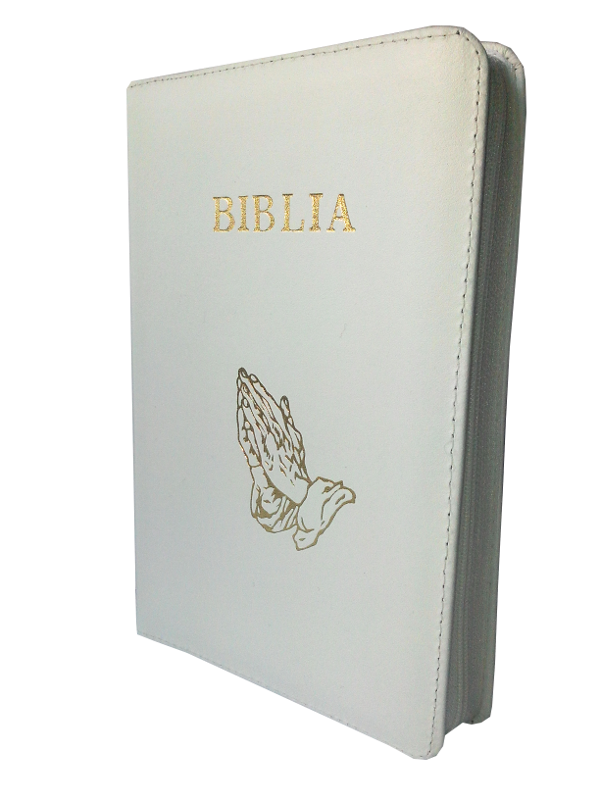 Biblia din piele, marime medie, alba, fermoar, cu maini, cuv. lui Isus cu rosu [053]