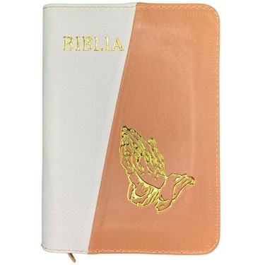 Biblia mica, coperta piele, culoare, alb cu bej, index, fermoar, margini aurii,  simbolul maini, cuv. lui Isus in rosu [047 PFI]