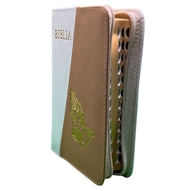 Biblia mica, coperta piele, culoare, alb cu crem, index, fermoar, margini aurii,  simbolul maini, cuv. lui Isus in rosu [047 PFI]