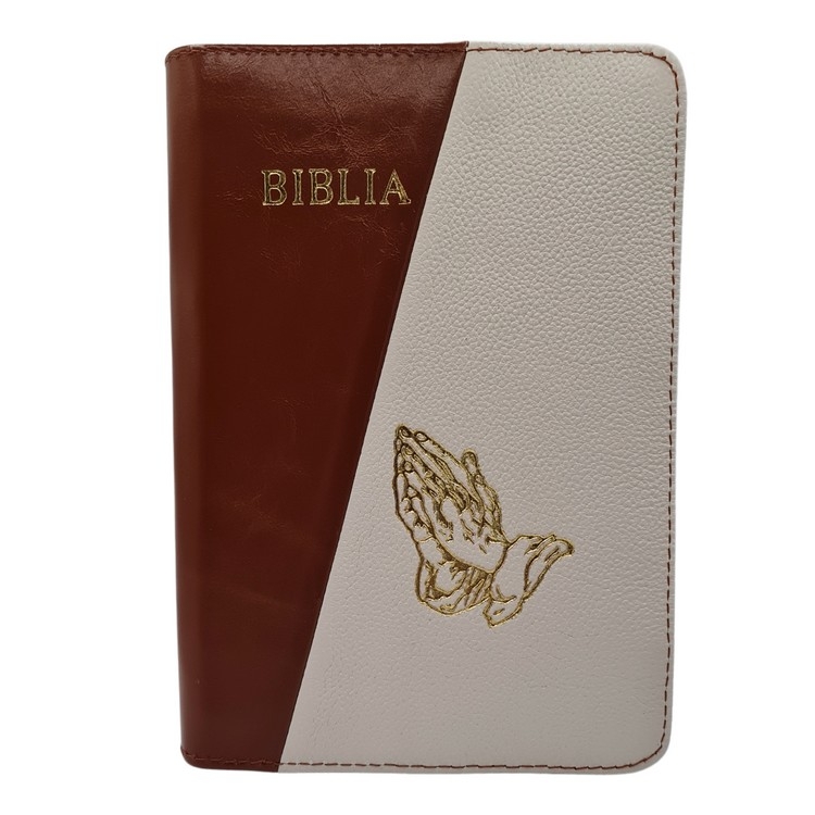Biblie din piele, marime medie, culoare, maro închis cu crem, fermoar, margini albe, simbol maini in rugaciune, cuv. lui Isus cu rosu [053]