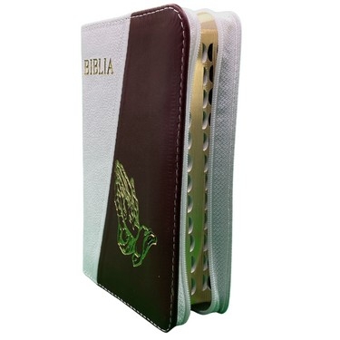 Biblia mica, coperta piele, culoare, alb cu bordo, index, fermoar, margini aurii,  simbolul maini, cuv. lui Isus in rosu [047 PFI]