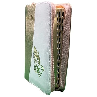 Biblia mica, coperta piele, culoare, roz sidefat cu alb, index, fermoar, margini aurii,  simbolul maini, cuv. lui Isus in rosu [047 PFI]