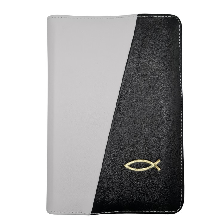 Biblie din piele, marime medie, culoare, alb cu negru, fermoar, margini albe, simbol pește, cuv. lui Isus cu rosu [053]