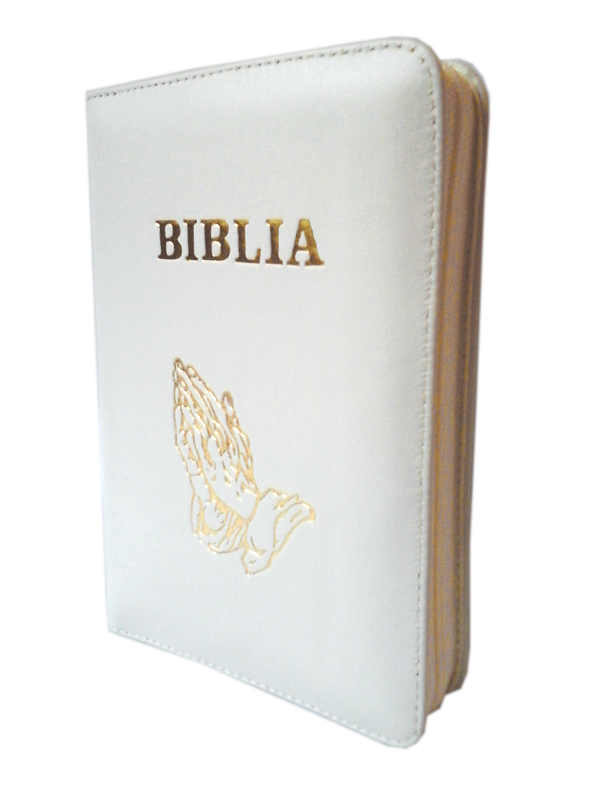 Biblia format mic, din piele, culoare alba, index, fermoar, margini aurii, cu maini in ruga, cuv. lui Isus in rosu [047 PFI]
