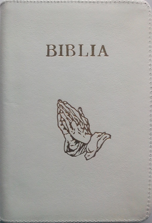 Biblia din piele, marime medie, alba, fermoar, margini aurii, cu maini [052]