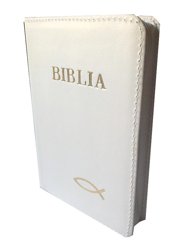 Biblie din piele, mica, alba, fermoar, simbol peste [043]