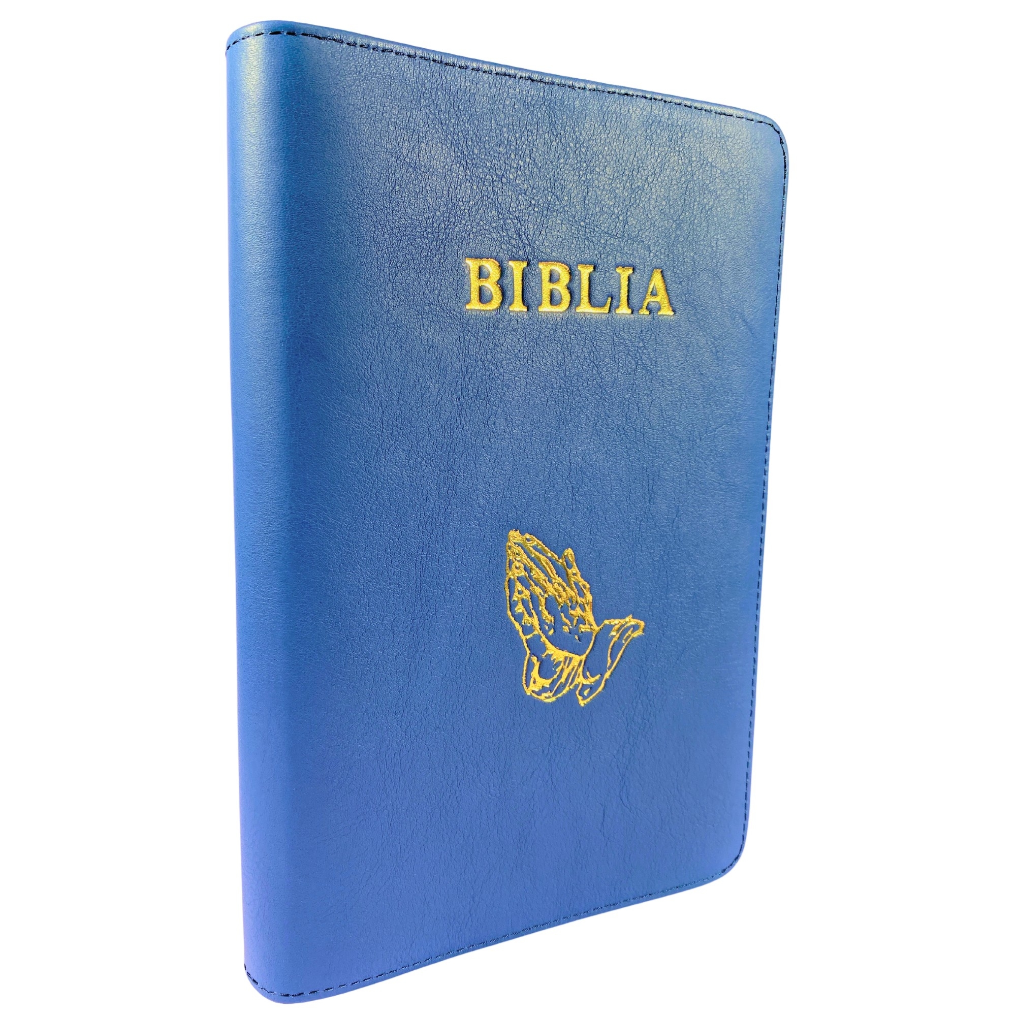 Biblie mare, piele, culoare albastră, fermoar, index, margini argintii, simbol mâini în rugăciune, cuv. Isus cu rosu [SI 073 PFI]
