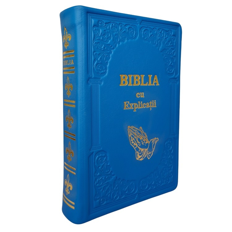 Biblia cu concordanta si explicatii, HANDMADE, mare, piele, albastru, index, aurita,  cuv. lui Isus cu rosu, simbol maini in rugaciune[CO 77 HMI]