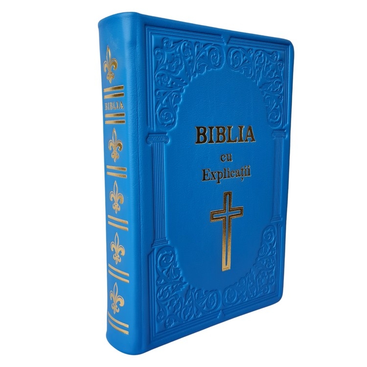Biblia cu concordanta si explicatii, HANDMADE, mare, piele, albastru, index, aurita,  cuv. lui Isus cu rosu, simbol cruce [CO 77 HMI]