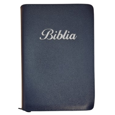 Biblia marime medie, bleumarin, piele, fermoar, margini aurii, index, cuv. lui Isus cu rosu [MAR 057 PFI]