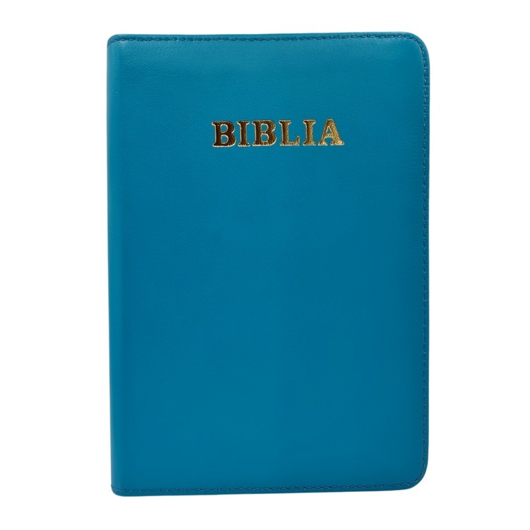 Biblie din piele, marime medie, culoare, albastru, fermoar, margini albe,  cuv. lui Isus cu rosu [053]