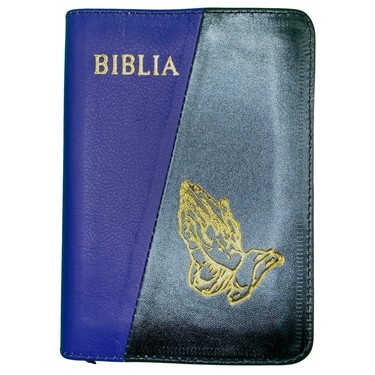 Biblia mica, coperta piele, culoare, bleumarin închis cu bleumarin sidefat, index, fermoar, margini aurii,  simbolul maini, cuv. lui Isus in rosu [047 PFI]