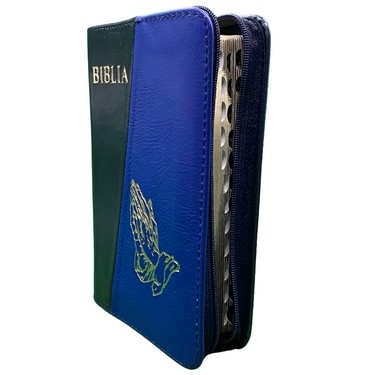 Biblia mica, coperta piele, culoare, bleumarin sidefat cu bleumarin închis, index, fermoar, margini aurii,  simbolul maini, cuv. lui Isus in rosu [047 PFI]