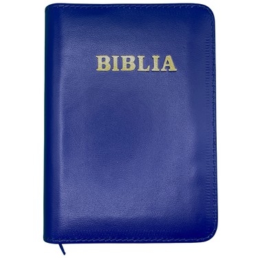Biblie din piele, marime medie, culoare, albastru indigo, fermoar, margini albe,  cuv. lui Isus cu rosu [053]