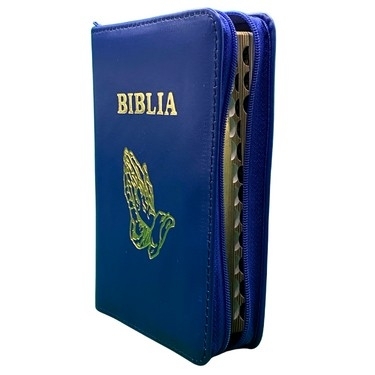 Biblie din piele, marime medie, albastra, simbol maini in rugaciune, fermoar, index, margini aurii, cuv. lui Isus cu rosu [SB 057 PFI]