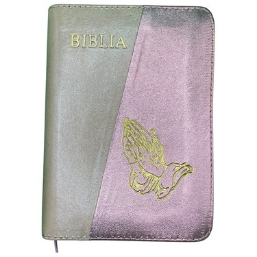 Biblia mica, coperta piele, culoare, bej sidefat cu roz sidefat, index, fermoar, margini aurii,  simbolul maini, cuv. lui Isus in rosu [047 PFI]